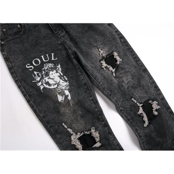 Men's Casual Printed Slim Fit Jeans Skinny Denim Pants - Picture 3 of 7